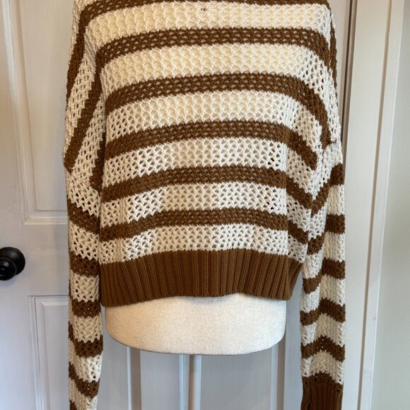 aerie offline | cream and camel stripe open knit sweater | size medium - Picture 4 of 5